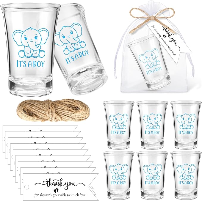 Pickmesh 25 Sets Baby Shower Shot Glasses for Guests Include Acrylic Clear Shot Glasses Thank You Cards Organza Bags Babies Shower Gifts for Gender Reveal Party Supplies (Elephant Boy)