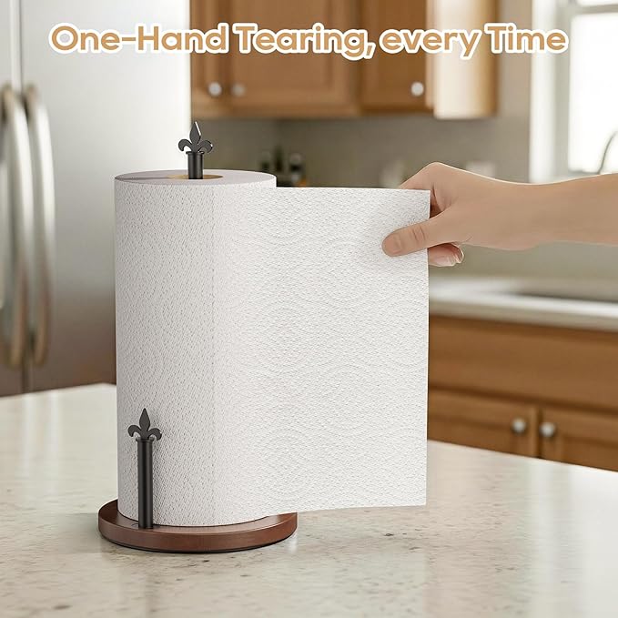 TJ.MOREE Paper Towel Holder Countertop, Wooden Paper Towel Holder with One-Hand Tear Design, Heavy Duty Paper Towel Holder Stand with Oak & Metal Weighted Base for Kitchen