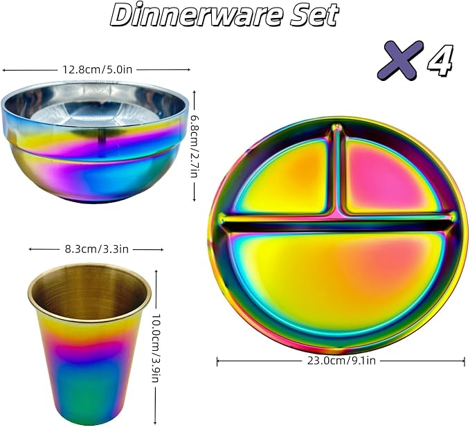 12-Piece Stainless Steel Rainbow Dinnerware Set for 4 | Unbreakable Reusable, Divided Plates Bowls Cups, Round, Dishwasher Safe, For Kitchen Camping Picnic RV