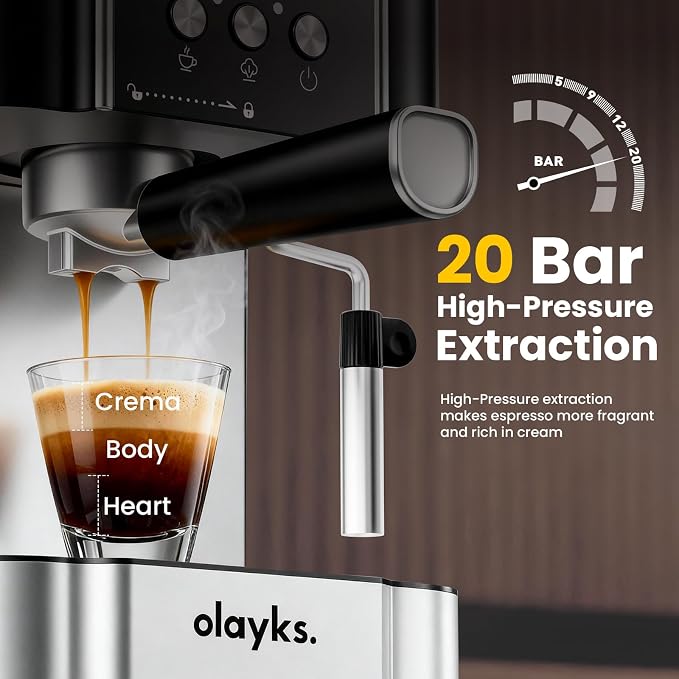Espresso Machine 20 Bar, Compact Espresso Maker with Milk Fother Steam Wand, Stainless Steel Coffee Machine with 60oz Removable Water Tank for Cappuccina, Latte, Home and Office