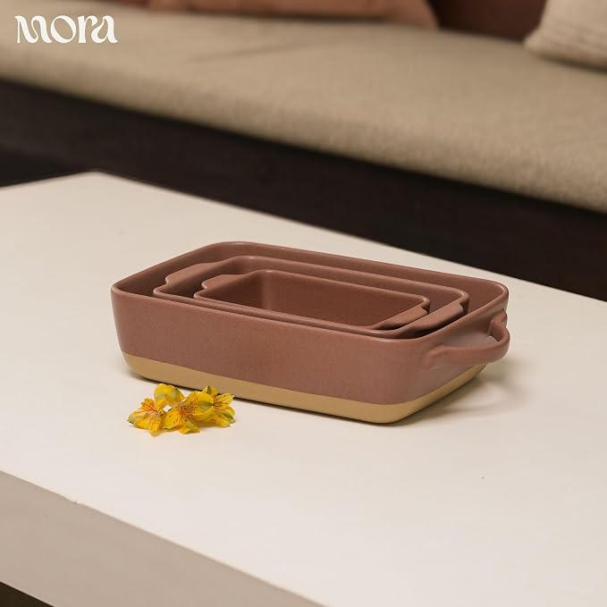 Mora Ceramic Baking Dish with Handles For Casserole, Lasagna, Gratin, Broiling, Roasting, and Baking. Large 9x13 in Pan, Extra Deep - Porcelain Serving Bakeware from Oven to Table. Freezer Safe - Teracotta