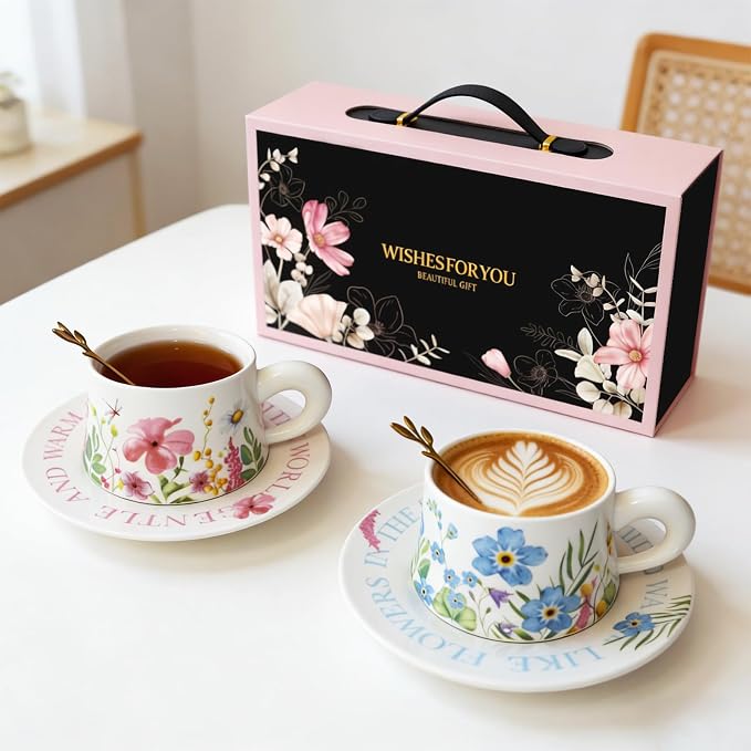 Tea Cup Set With 2 Tea Cups 2 Saucers And 2 Spoon 9.5 OZ Espresso Coffee Mug Vintage Creativetea Teacup And Saucer Set For Coffee,Tea,Latte, Cappuccino