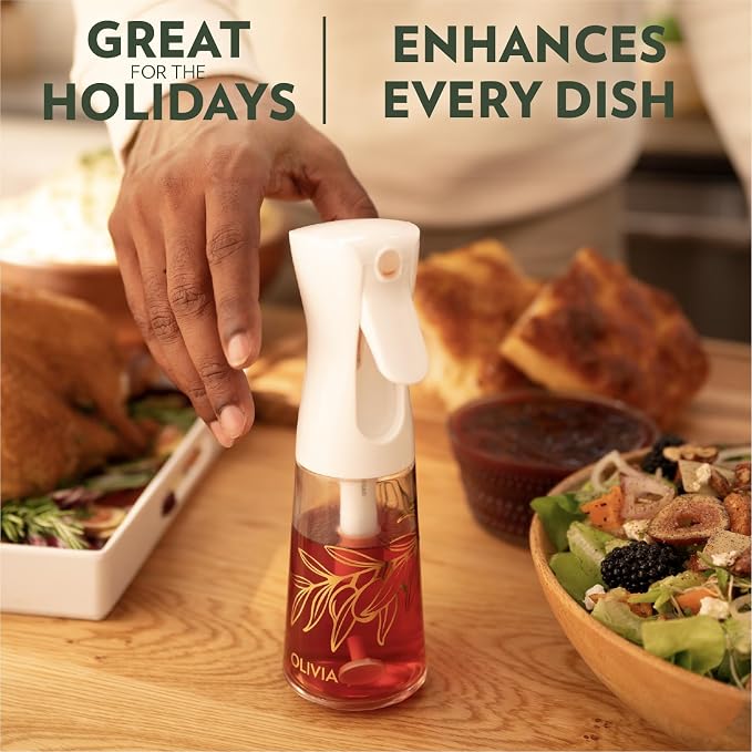 OLIVIA SIGNATURE Advanced Kitchen Oil Sprayer with Flairosol Technology, Fine Mist & Portion Control, Refillable Glass Olive Oil Cooking Spray Bottle for Air Fryer, Salad, BBQ, 2 Pack 200ml (White)