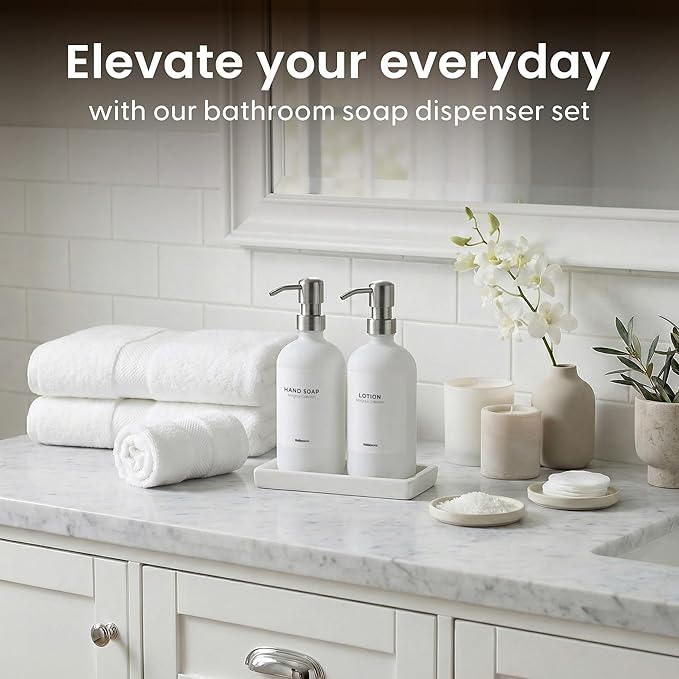 MaisoNovo Soap and Lotion Dispenser Set - Bathroom Soap Dispenser Set with White Soap Dispenser, Silver Pumps & Concrete Tray