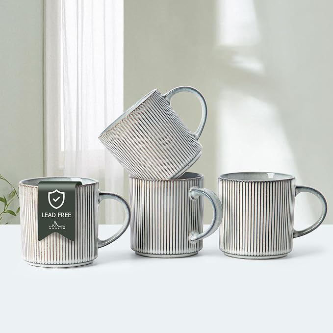 MONITO 16Oz Coffee Mugs Set of 4, Rustic Ceramic Coffee Cups Set with Large Handle, Vintage Striped Stoneware Coffee Mugs for Latte, Cocoa, Tea, Milk, Microwave & Dishwasher Safe, Smoky Blue