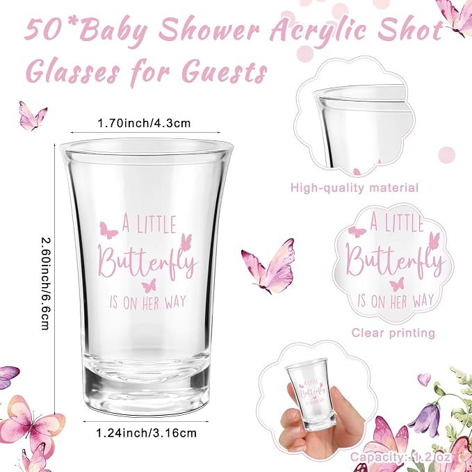 50 Sets Baby Shower Favor for Guests Acrylic Shot Glasses with Bottle Opener Keychains Thank You Tags and Bags Gender Reveal Party Favors for Guest Baby Shower Return Gift (Butterfly)