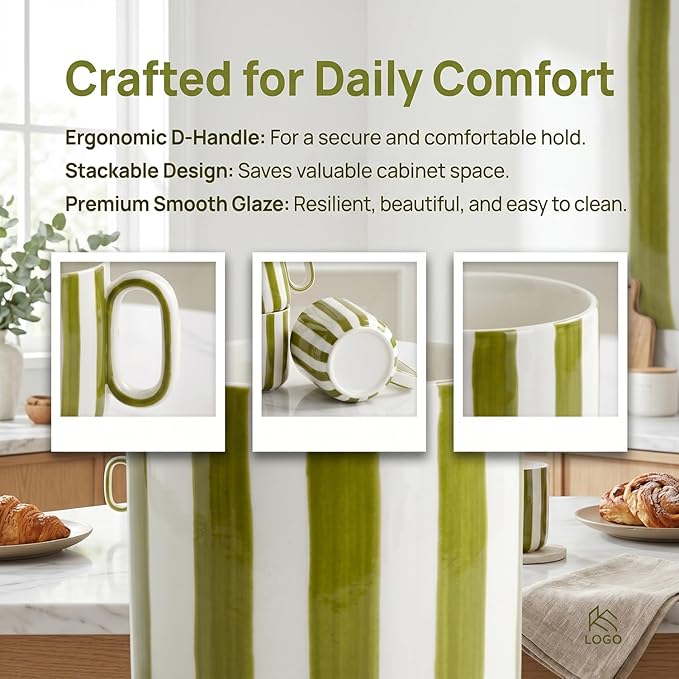 Ceramic Coffee Mugs Set of 4, 8.5 oz Small Stoneware Coffee Cups with Handle, Aesthetic Green Stripe Latte Tea Mug for Latte Tea Hot Chocolate, Microwave and Dishwasher Safe (8.5 oz)