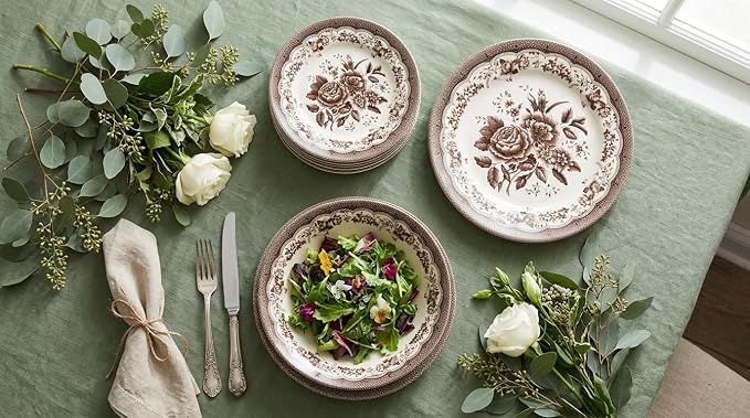 Tudor Royal 12-Piece Round Porcelain Dinnerware Set, Service for 4 - Victoria Brown Design, Brown Floral, Plates Bowls Dishes, Premium Quality Tableware, Unique Pattern, Glossy