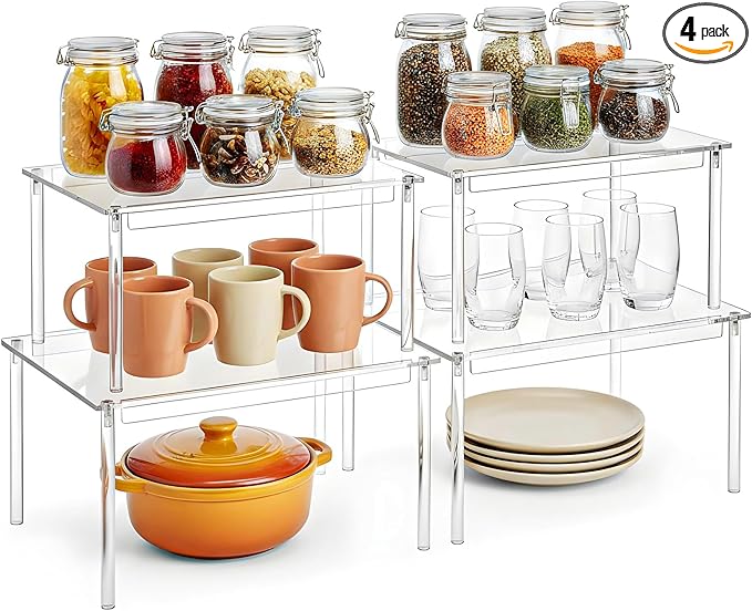 4Pack Acrylic Cabinet Organizer, Clear Cabinet Organizer Shelf, Spices, Soda Cans and Bottles, Stackable Shelves House Essentials for Gift