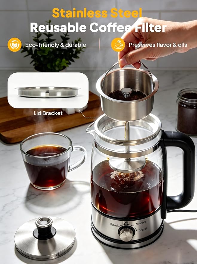 Horavie 8-Cup Electric Percolator Coffee Maker – Borosilicate Glass Carafe, Stainless Steel Filter, Auto or Manual Brew, Manual Keep Warm, Black
