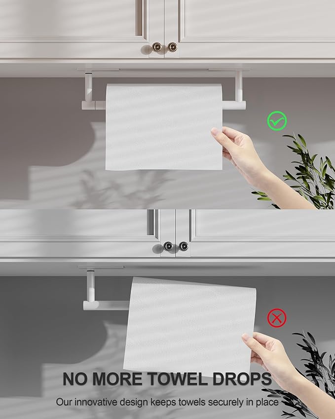 White Paper Towel Holder Under Cabinet, Self Adhesive or Wall Mounted SUS304 Stainless Steel Paper Towel Holder for Kitchen, Bathroom, Farmhouse, Barbecue and Laundry (White)