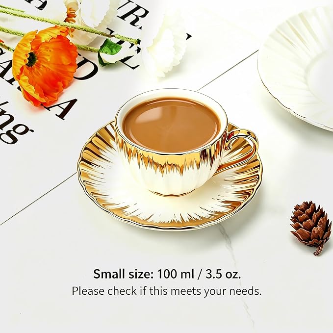 Espresso Cups with Saucers, 3.5 OZ Gold Ceramic Coffee Cup Set of 6, Demitasse Coffee Cup for Double Shot, Latte, Cafe Mocha and Tea, Dishwasher & Microwave Safe (Gold Trim-04)