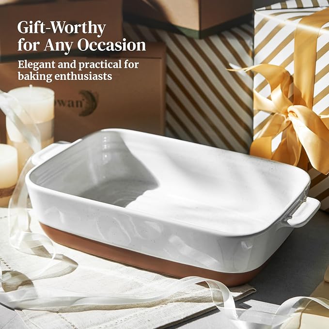 DOWAN Ceramic Casserole Dish for Oven, 9x13 Deep Lasagna Pan, Large Baking Dish with Handles, 4.3 Quarts Durable and Oven Safe Pan, for Roasting and Baking, Alabaster White