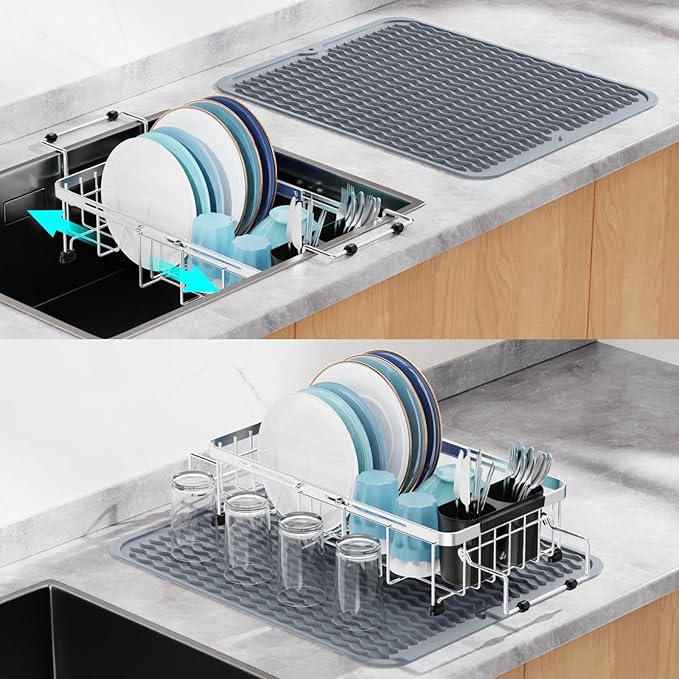 GSlife Small Sink Dish Drying Rack with Silicone Drying Mat - 9" W Expandable Stainless Steel Compact Dish Drainer with Lock Knob for RV, Apartment, Camper, Kitchen, 11.9"-16.7" L, Silver