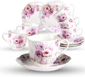 GuangYang 7 oz Porcelain Tea Cups and Saucers set of 6,Purple Fancy Floral Pattern (Perfect for Cappuccino, Flat white Coffee, Americano, Hot Tea, or Desserts)