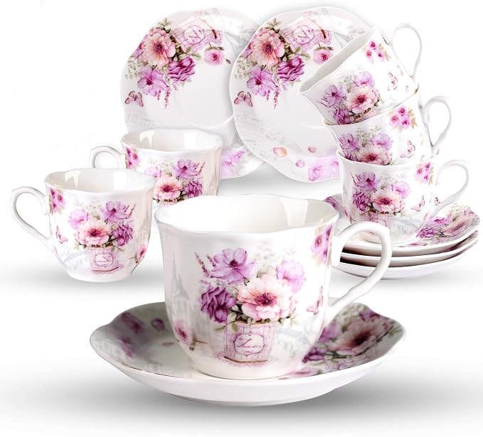 GuangYang 7 oz Porcelain Tea Cups and Saucers set of 6,Purple Fancy Floral Pattern (Perfect for Cappuccino, Flat white Coffee, Americano, Hot Tea, or Desserts)