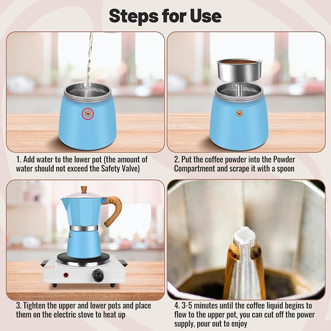 6 Cup Aluminum Moka Pot Classic Stovetop Espresso Coffee Maker 300ml 10oz Coffeemaker Percolator Mocha Pot Greca Coffee Maker Cafe Makers for Italian and Cuban Café Brewing Blue