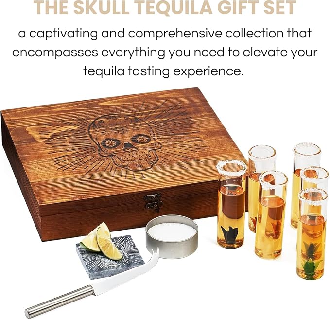 Tequila Gift Box Shot Glass & Salt Gift Set for Men & Women | Six Agave Shot Glasses, Knife For Limes, One Skull Coaster, One Salt Tin | Skeleton Sugar Skull Wooden Box Wood Package For Tequila Lovers