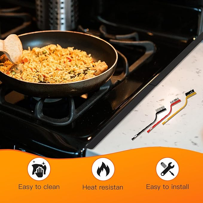 Stove Gap Covers Stainless Steel 2PC(0.08"–0.7" W,13.8"–27.5" L)+30"(2×15") Silicone Magnetic Stove Shelf+4PC Gas Burner Covers|Heat Resistant Non-Stick Range Accessories,Bonus Cleaning Brushes