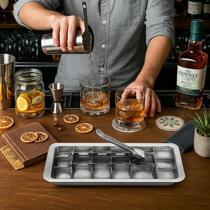 2 Pack Stainless Steel Ice Cube Trays with Lever Tweezers and Finger Gloves 18-Cube Metal Ice Trays, Non Toxic, Plastic Free，Heavy Duty for Whiskey, Cocktails, Freezer