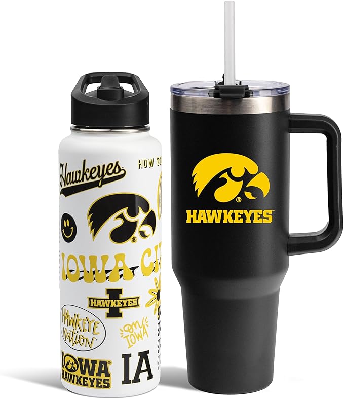 The Memory Company Officially Licensed NCAA 2-Pack Stainless Steel Tumbler Set, 34oz Team Spirit Water Bottle & 40oz Game Day Tumbler with Lid and Straw, BPA-Free Materials, Convenient Straw Design