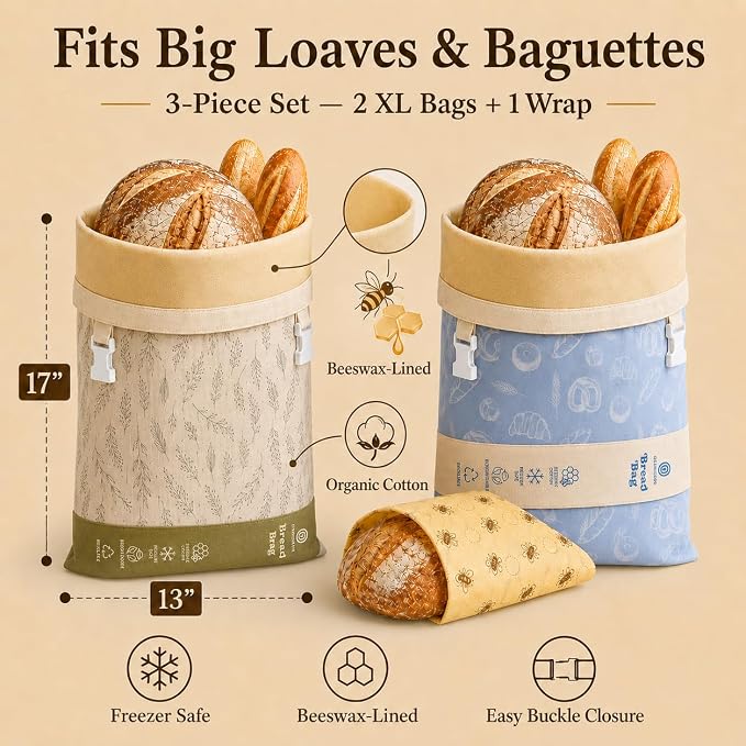 Cotton Beeswax Bread Bags for Sourdough - 3 Pack Reusable 2XL Set with Beeswax Wrap & Buckle Closure, Freezer Safe, Eco-Friendly Organic Storage for Homemade Artisan Loaves
