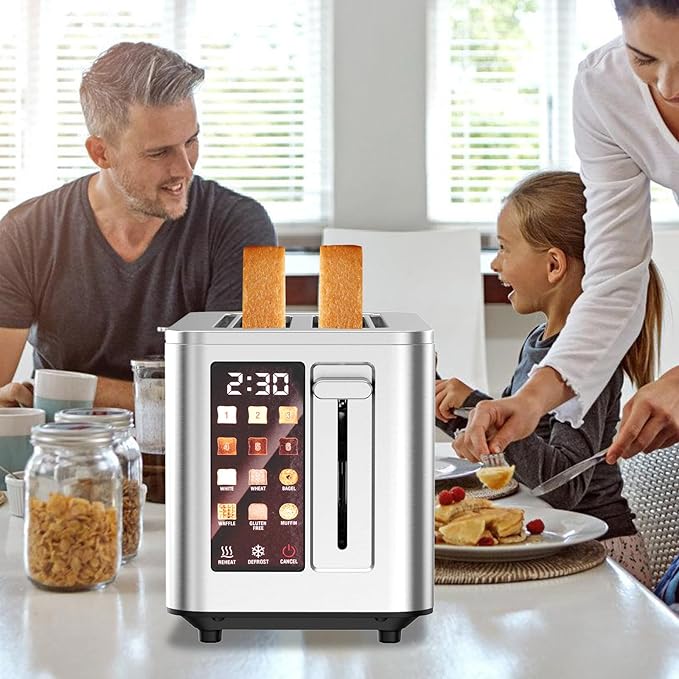 2026 Upgraded TAZTIR Touch Screen Toaster 4 Slice, Premium Stainless Steel Digital Bread Toaster with Timer, 1.5'' Wide Slot, 6 Shade Settings & 6 Bread Types, Bagel Defrost Reheat Cancel Functions