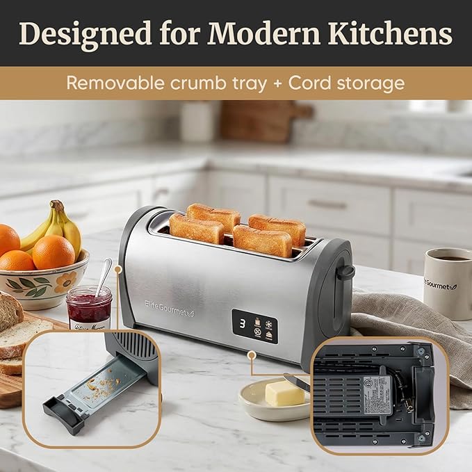 Elite Gourmet Digital Long Slot 4-Slice Toaster – Touch Screen LED Display, Extra Wide 1.5” Slots for Artisan & Bagel Bread, 6 Browning Levels, Defrost & Reheat, Stainless Steel Modern Design