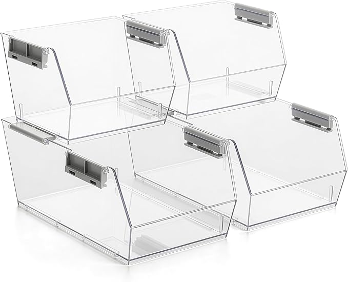 HOMESTEAD Set of 4 Stackable Storage Bins, 2 Large + 2 Small Clear Plastic Organizer Bins, Open Front Design for Kitchen Pantry, Fridge, Cabinet, Bathroom Organization and Snack Storage