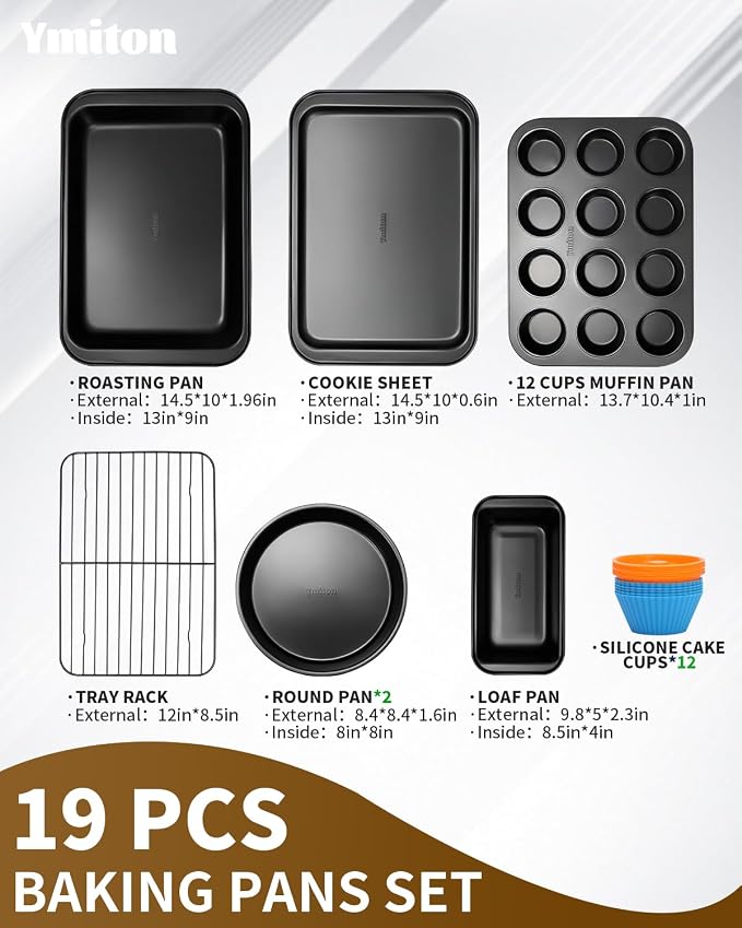 Nonstick Baking Pans Set, 19 PCS Stackable Bakeware Sets, Oven Pan Set Includes Baking Tray, Cookie Sheet, Cake Pans, Loaf Pan, Muffin Pan, Silicone Cups