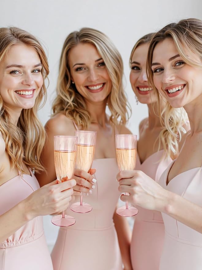 WDF 36PCS Pink Champagne Flutes Plastic - 6OZ Pink Disposable Champagne Flutes Party Supplies for Wedding Birthday Parties Valentine's Day Galentine's Day (Pack of 2)