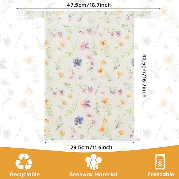 Reusable Beeswax Bread Bags - 2 Pack Bees Wax Food Bag, Homemade Sourdough Bread Storage, 2-in-1 Linen Cotton Large Freezer Container Home Baking Accessories with Lining (Wildflower)