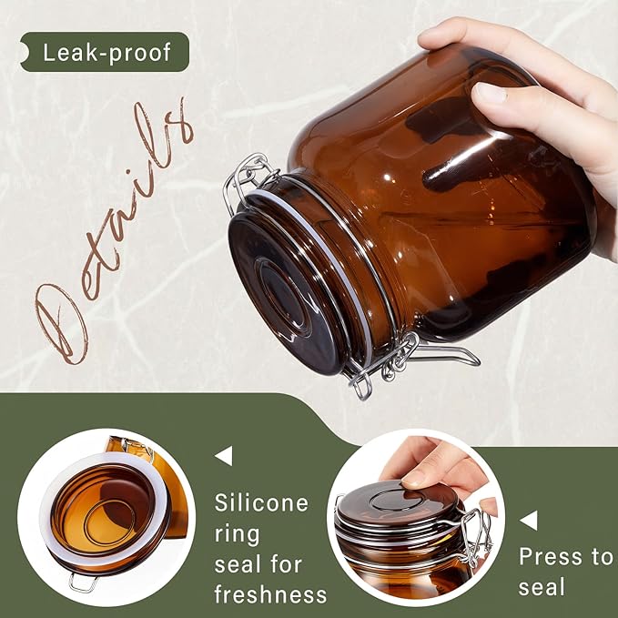 Norme 6 Pack 34oz Amber Airtight Glass Jars with Lids, Square Food Storage Container Airtight Food Wire Clip Fastening for Sauerkraut Flour Kitchen Sugar Cereal Kitchen Canning Pickling Mason Jars