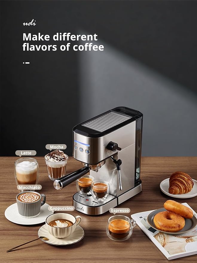 UDI Espresso Machine with Milk Frother, 20 Bar High Pressure Professional Espresso Maker Automatic, Compact Stainless Steel Coffee Machine for Cappuccino, Latte, Silver