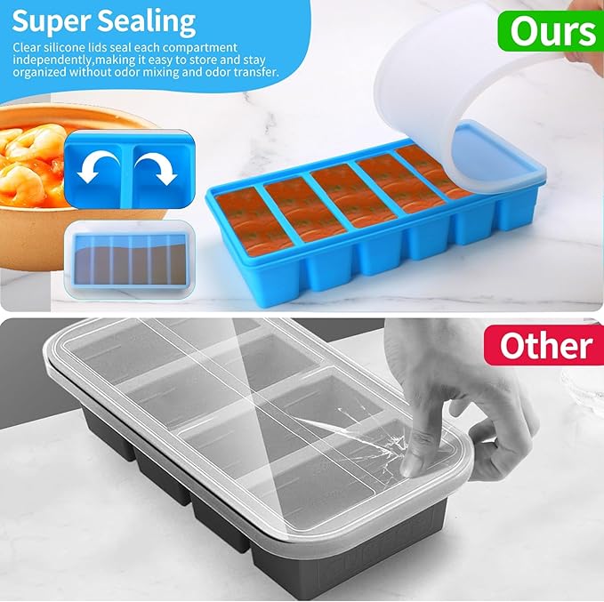 1/2 Cup Silicone Freezer Tray With Lid - Silicone Freezer Molds 2 Pack For meal prep & freezing of various sauces and other dishes, makes 12 perfect 1/2 cup portions cubes (Blue 2 Pack)
