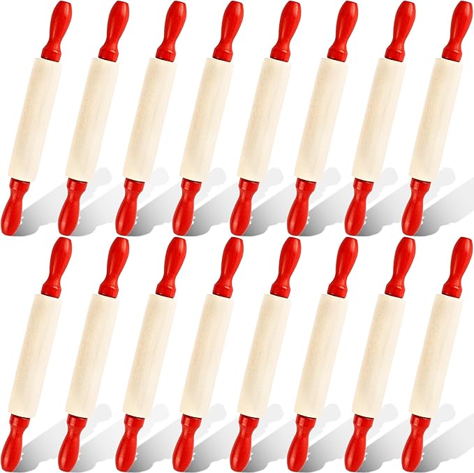 16 Pcs 8 Inch Mini Wooden Rolling Pins Small Wood Rolling Pin Wooden Roller with Red Handle for Kitchen Baking Pastry Cake Cookie Chef Role-playing Game