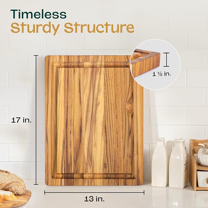 Yes4All Solid Teak Cutting Boards for Kitchen, [17''L x 13''W x 1.5” Thick] Medium Edge Grain Butcher Block Cutting Board, Food Surface Wood Cutting Boards with Juice Grooves and Easy Grip Handle