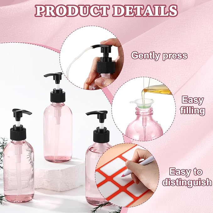 Tanlade 24 Pcs 8 oz Glass Pump Bottle Empty Bottle Glass Soap Dispenser with Pump Refillable Containers and Labels Funnels for Essential Oils Cleaning Products Lotions Conditioner(Pink)