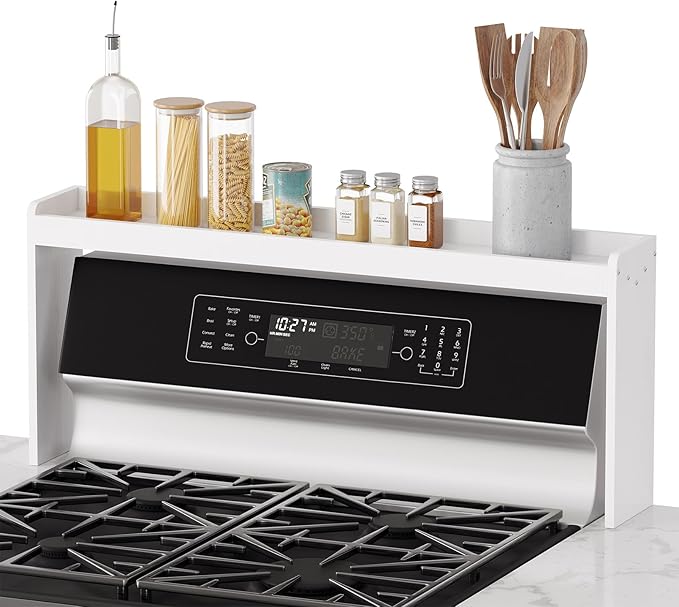SpaceAid Bamboo Over the Stove Spice Holder Shelf, 31.5" Kitchen Organizer Stove Spice Top Rack, 11.6" Height Countertop Storage, Over Oven Back Sink Organization Shelf, White