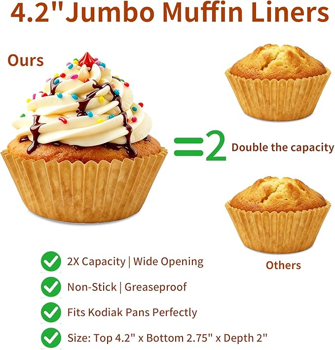 Cupcake Liners & Muffin Liners - JUMBO, NON STICK, THICK Parchment Paper For Baking Muffins - Big Giant Extra Large XL Size, Heavy Duty, Tall Unbleached Natural Brown Cup Cake Holders Wrappers