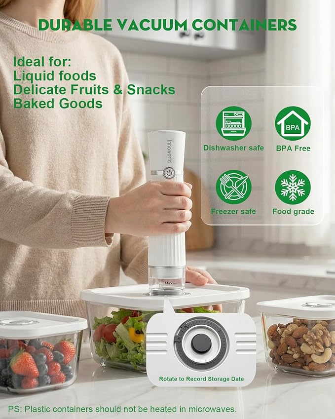 Compact Vacuum Sealer for Food (Vacuum Sealer Machine+3 Vacuum Containers+14 Reusable Vacuum Bags),Powerful Handheld Vacuum Seal Machine,Seal Meal Saver,Portable Food Sealer,Easy-Clean