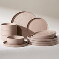 Stoneware Dinnerware Sets for 4, 12-Piece High Edge Plates and Bowls with Speckled Glaze & Spiral Design - Chip & Scratch Resistant, Microwave & Dishwasher Safe - Farmhouse, Brown