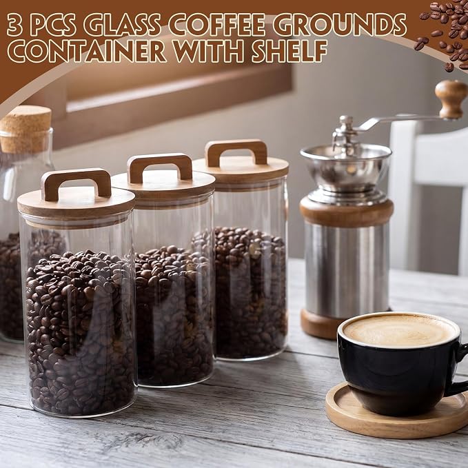 Suclain 3 Pcs 42 oz Glass Coffee Grounds Container with Shelf Glass Coffee Bean Storage Canisters with Airtight Lid and Measuring Spoon Food Storage Jars for Kitchen Sugar (Vintage Style)
