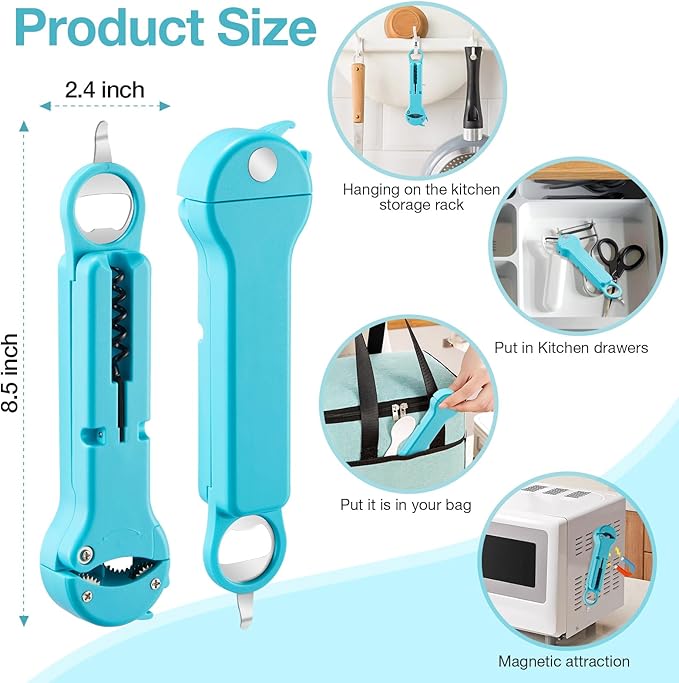 7-in-1 Jar Opener for Seniors – Magnetic adjustable Jar Opener & Bottle Opener for Arthritis, Weak Hands, Easy-Grip Kitchen Lid Opener Gadgets (Teal)