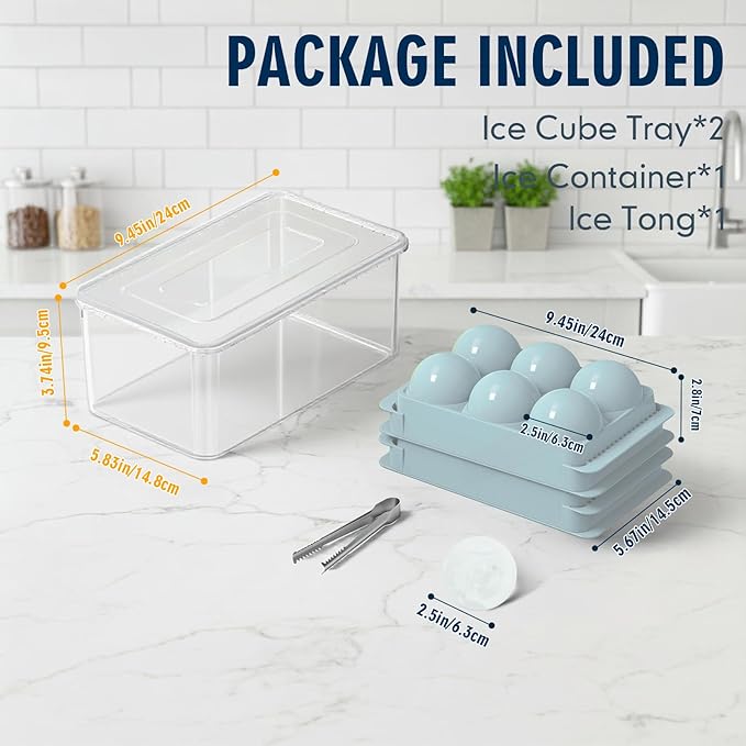 Large Ice Ball Maker Mold, 1.9" Round Ice Cube Mold for Whiskey Bourbon Cocktail, 6 Balls, Sphere Ice Mold, Big Ice Cube Tray with Container and Tongs, Easy to Fill & Release
