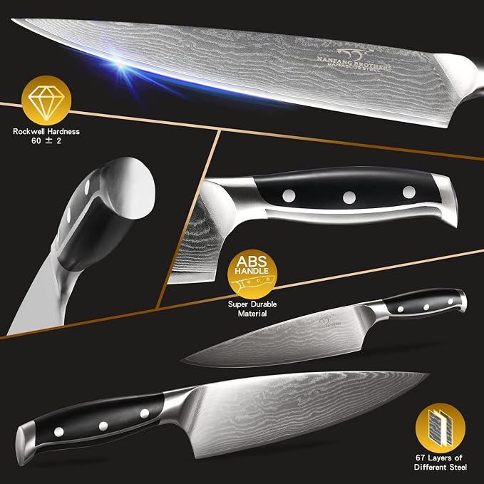 Damascus Kitchen Knife Set with Block, 9-Piece 67-Layer VG10 Damascus Steel Knife Set with Triple-Rivet Handles, Chef, Santoku, Utility, Bread & Paring Knives, Sharpener, Shears, Black