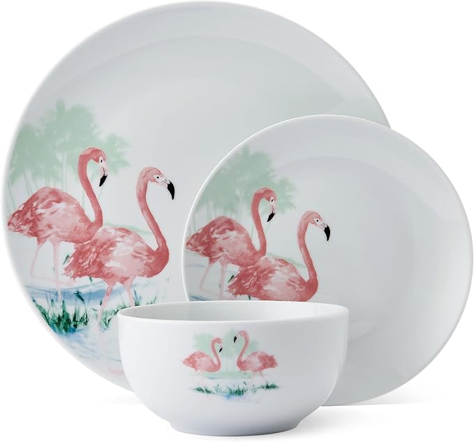 Studio Nova Flamingo Haven Tropical 12 Piece Dinnerware Plate Bowl Set, Service for 4