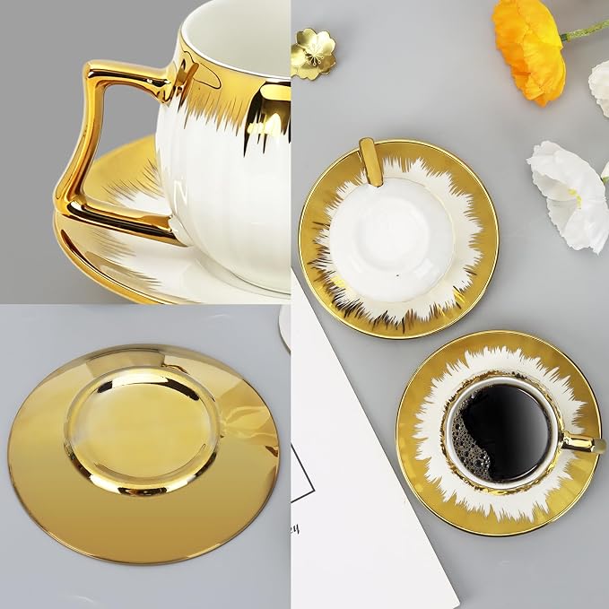 6 Pack 3.2oz Espresso Cups with Saucers, White Porcelain with Gold Electroplated Brushstroke Rim, Pumpkin Ribbed Striped Ceramic Coffee Cup Set, Dishwasher Safe, for Espresso, Latte, Tea, Home