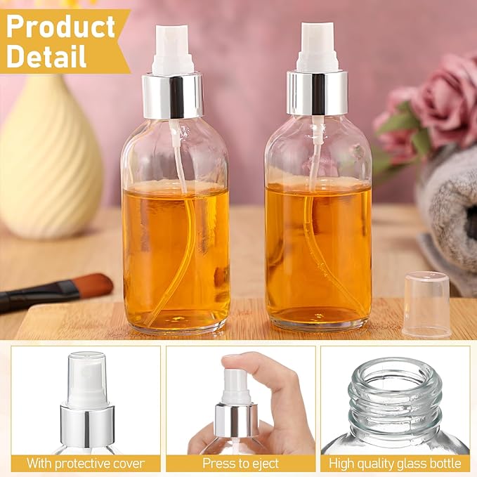 Maxcheck 50 Pieces 4oz Small Glass Spray Bottles for Essential Oil Empty Spray Mist Bottle Empty Fine Mist and Refillable Mister Refillable Liquid Containers for Perfumes, Cleaning(Clear, Silver)