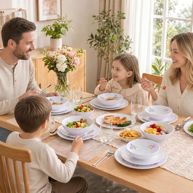 12Pcs Floral Melamine Plates and Bowls, Outdoor Camping Dinnerware | Service for 4, Round Dishes For Picnic, Party, RV, Unbreakable & Shatterproof & Lightweight, Dishwasher Safe